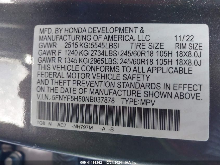 VIN 5FNYF5H50NB037878 2022 HONDA PILOT no.9