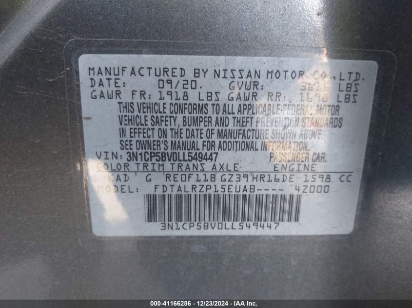 VIN 3N1CP5BV0LL549447 2020 Nissan Kicks, S Xtronic Cvt no.9