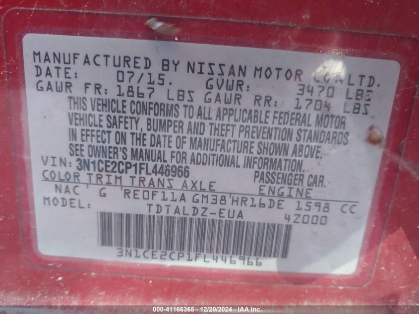 VIN 3N1CE2CP1FL446966 2015 Nissan Versa, Note SV no.9