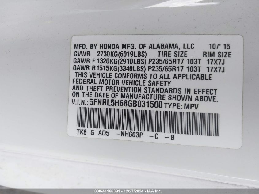 VIN 5FNRL5H68GB031500 2016 Honda Odyssey, Ex-L no.9