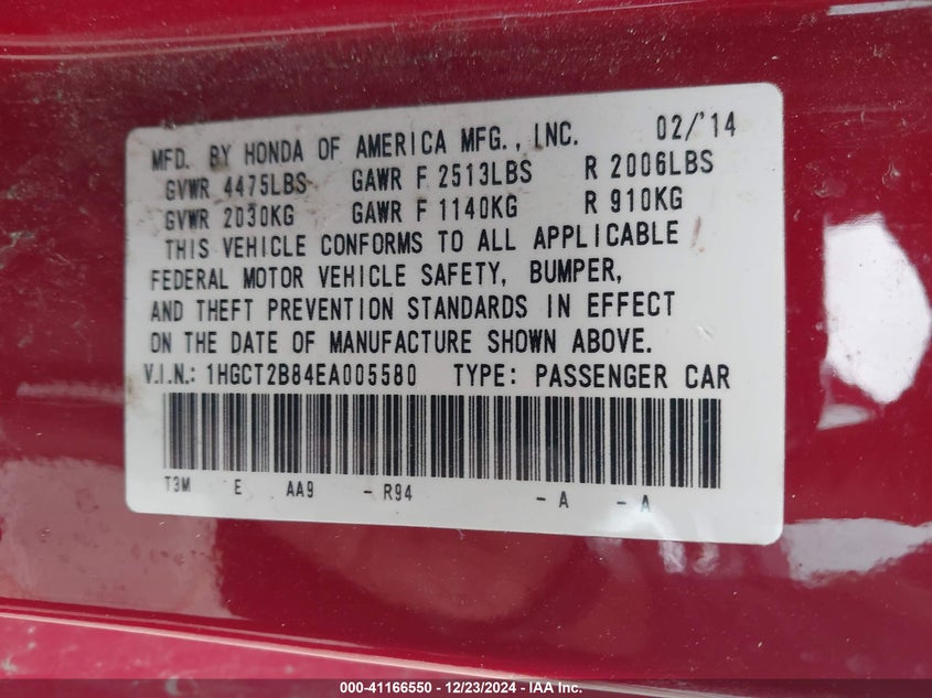 2014 HONDA ACCORD VIN: 1HGCT2B84EA005580