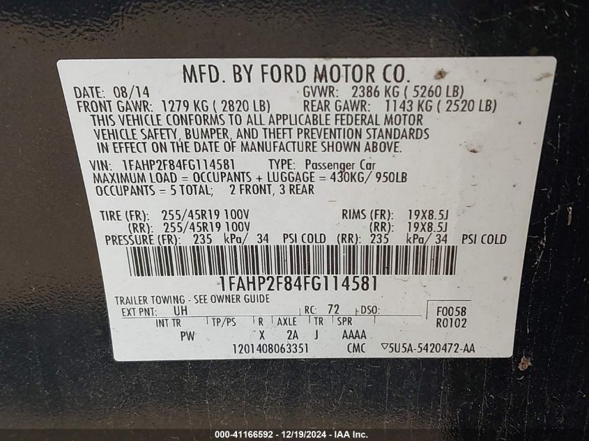 2015 Ford Taurus Limited VIN: 1FAHP2F84FG114581 Lot: 41166592