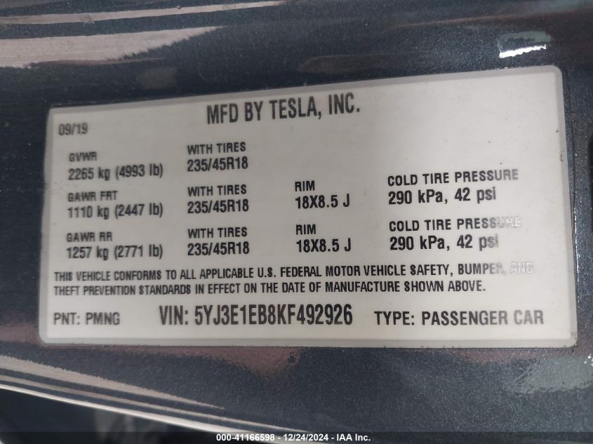 VIN 5YJ3E1EB8KF492926 2019 TESLA MODEL 3 no.9