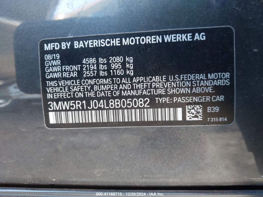 VIN 3MW5R1J04L8B05082 2020 BMW 3 Series, 330I no.9