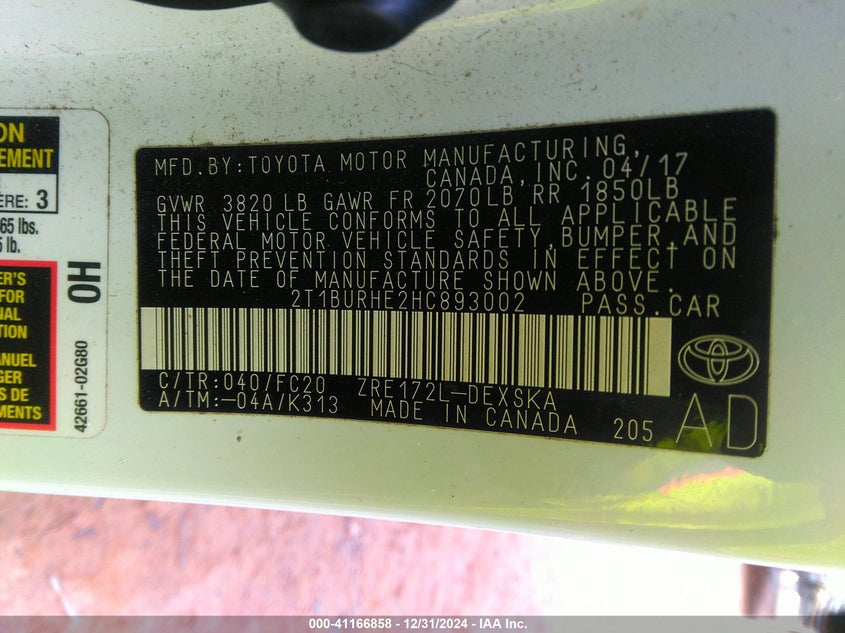 2017 TOYOTA COROLLA L/LE/XLE/SE/XSE - 2T1BURHE2HC893002