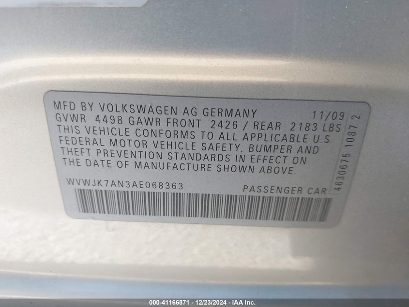 2010 VOLKSWAGEN PASSAT VIN: WVWJK7AN3AE068363