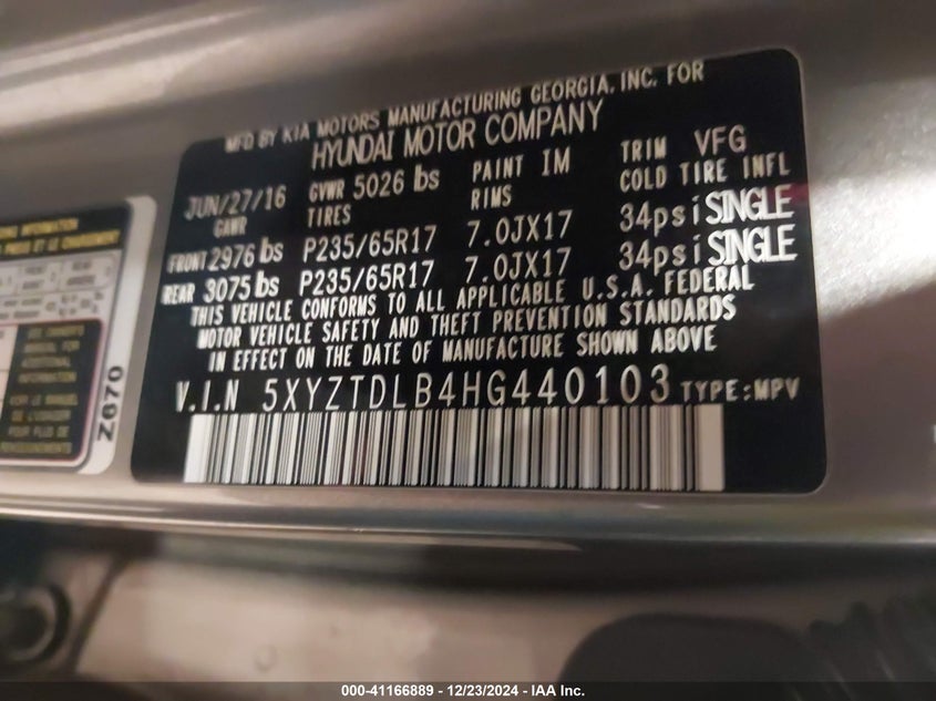 2017 HYUNDAI SANTA FE SPORT VIN: 5XYZTDLB4HG440103