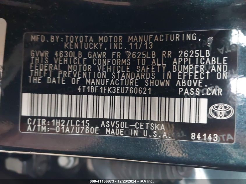 VIN 4T1BF1FK3EU760621 2014 TOYOTA CAMRY no.9