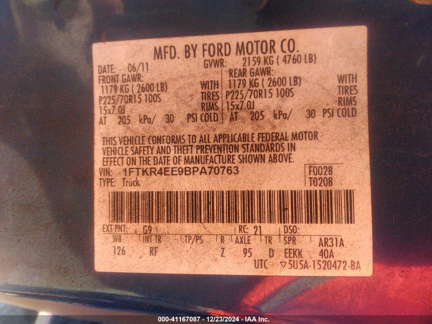 2011 FORD RANGER VIN: 1FTKR4EE9BPA70763