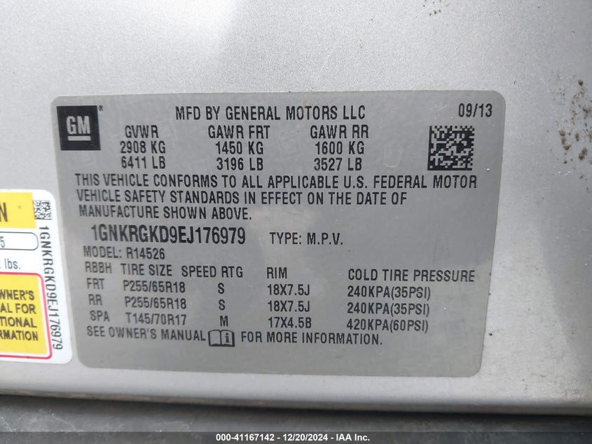 2014 Chevrolet Traverse 1Lt VIN: 1GNKRGKD9EJ176979 Lot: 41167142