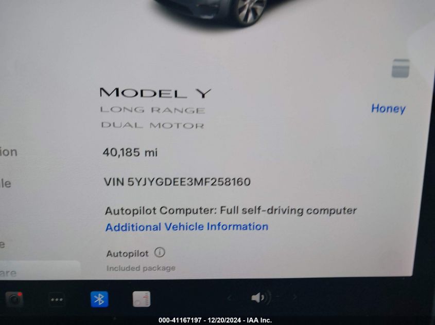 2021 Tesla Model Y Long Range Dual Motor All-Wheel Drive VIN: 5YJYGDEE3MF258160 Lot: 41167197