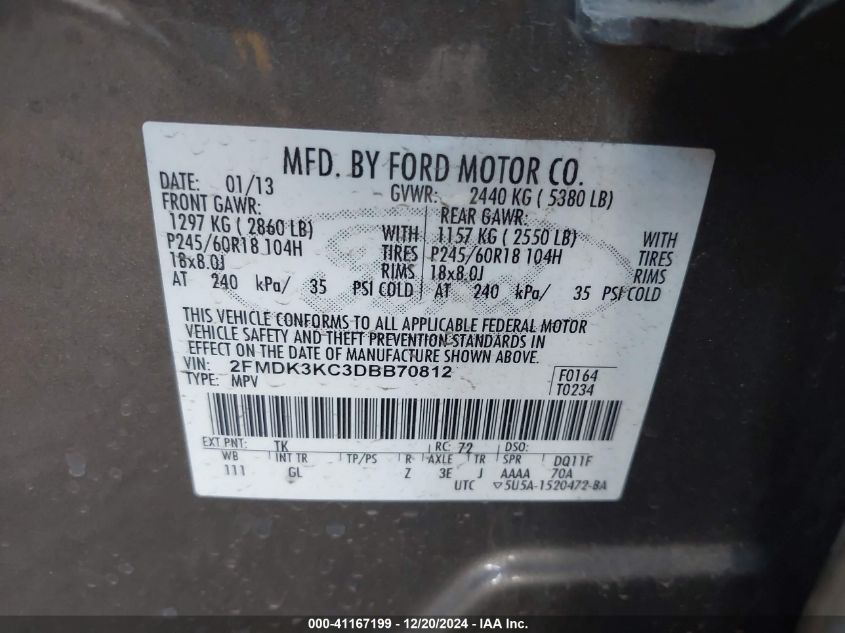 VIN 2FMDK3KC3DBB70812 2013 FORD EDGE no.9