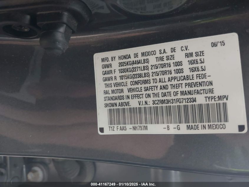 2015 Honda Cr-V Lx VIN: 3CZRM3H31FG712334 Lot: 41167249