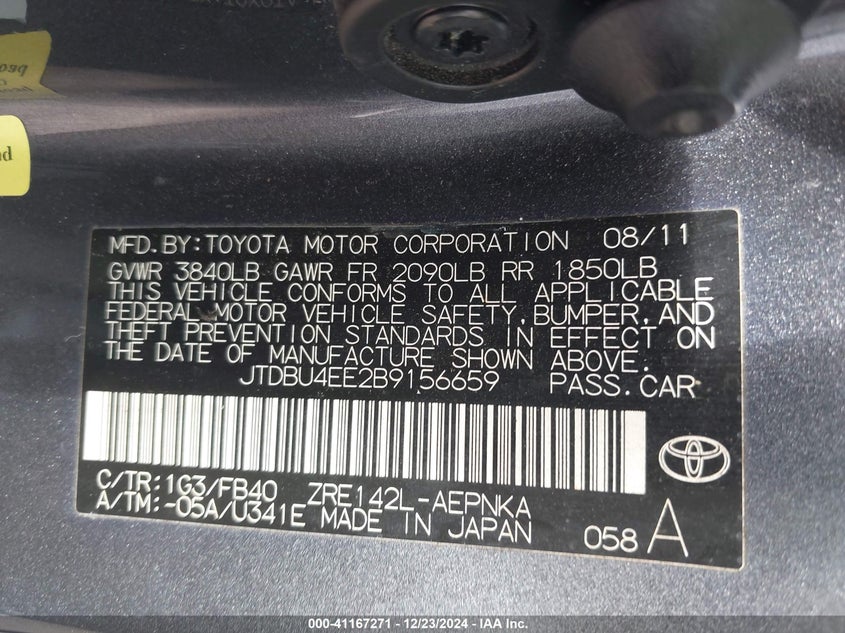 2011 TOYOTA COROLLA VIN: JTDBU4EE2B9156659