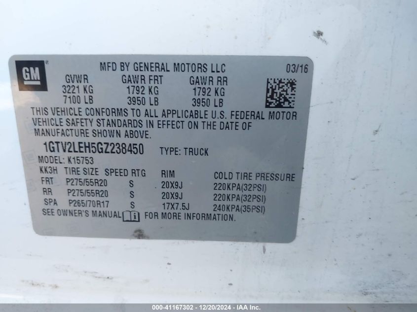 2016 GMC Sierra 1500 VIN: 1GTV2LEH5GZ238450 Lot: 41167302