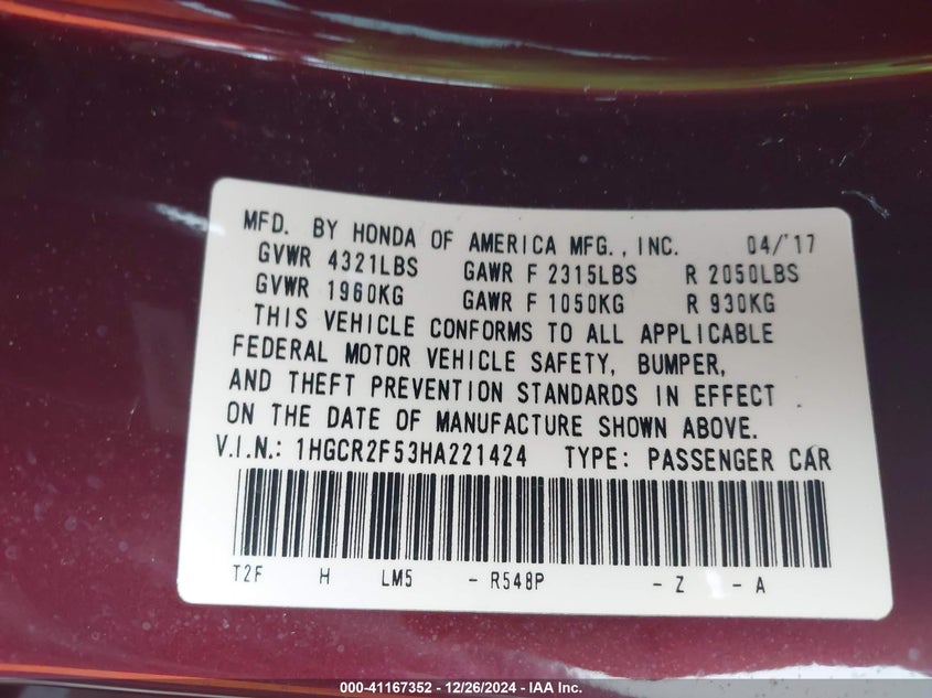 2017 HONDA ACCORD VIN: 1HGCR2F53HA221424