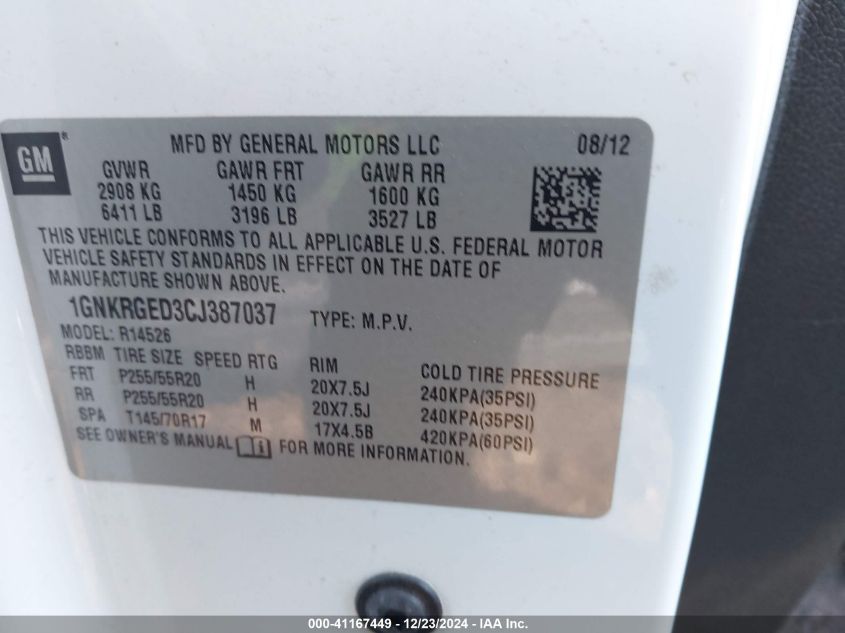 2012 Chevrolet Traverse 1Lt VIN: 1GNKRGED3CJ387037 Lot: 41167449