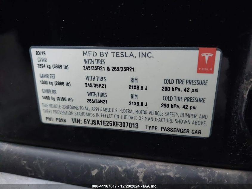 2019 Tesla Model S 100D/75D/Long Range/Standard Range VIN: 5YJSA1E25KF307013 Lot: 41167617