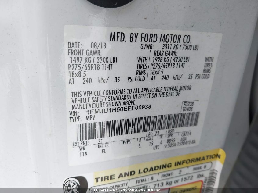 2014 Ford Expedition Xlt VIN: 1FMJU1H50EEF00938 Lot: 41167675