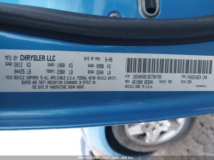2008 DODGE CALIBER VIN: 1B3HB48B18D784799