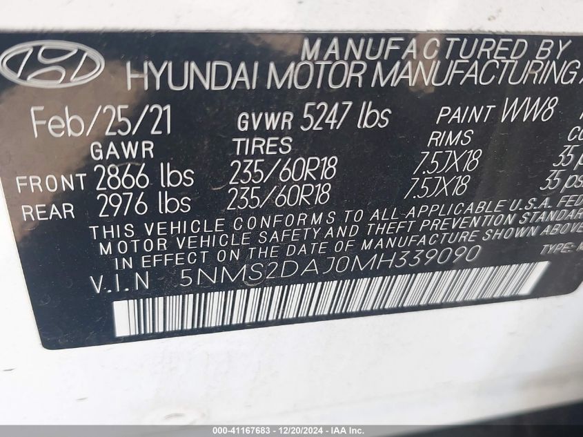 2021 Hyundai Santa Fe Sel VIN: 5NMS2DAJ0MH339090 Lot: 41167683