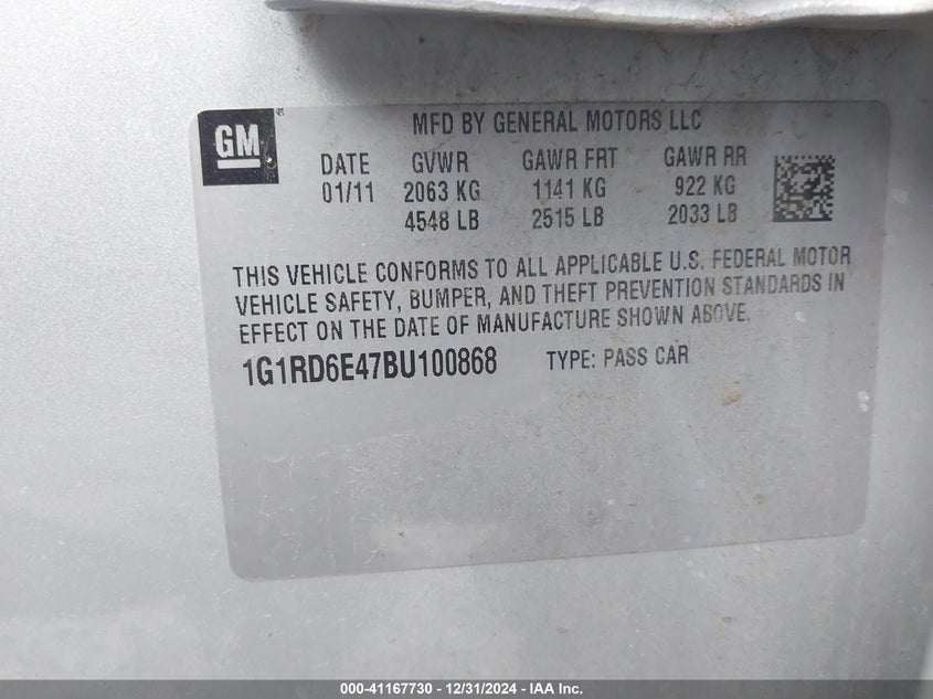 2011 CHEVROLET VOLT VIN: 1G1RD6E47BU100868