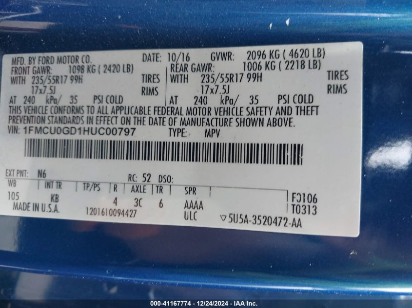 2017 Ford Escape Se VIN: 1FMCU0GD1HUC00797 Lot: 41167774