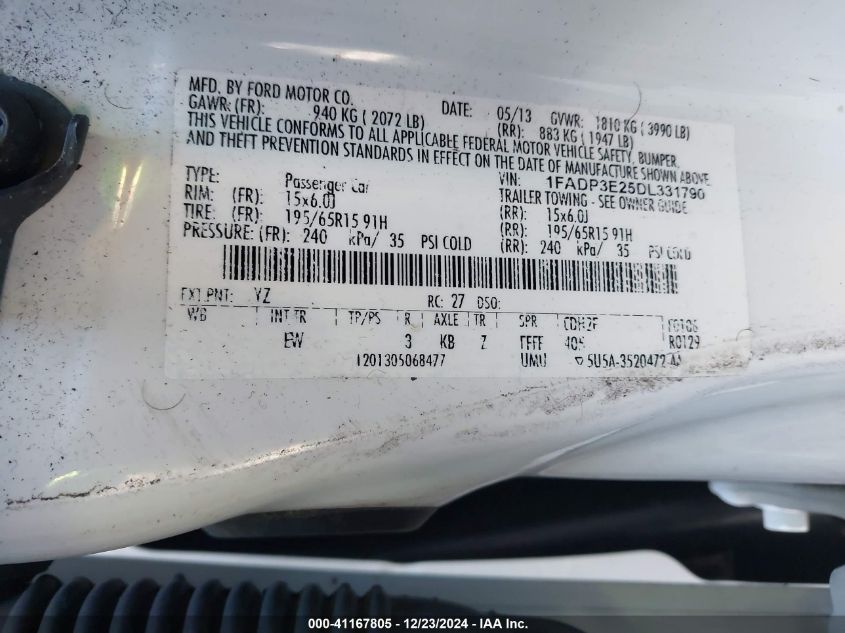 VIN 1FADP3E25DL331790 2013 Ford Focus, S no.9