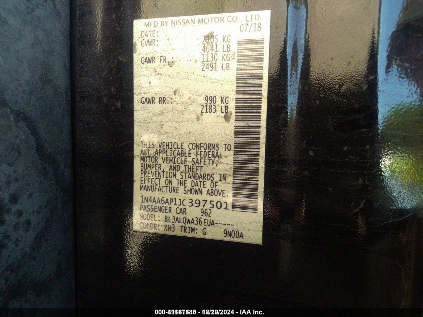 2018 Nissan Maxima 3.5 S VIN: 1N4AA6AP1JC397501 Lot: 41167880