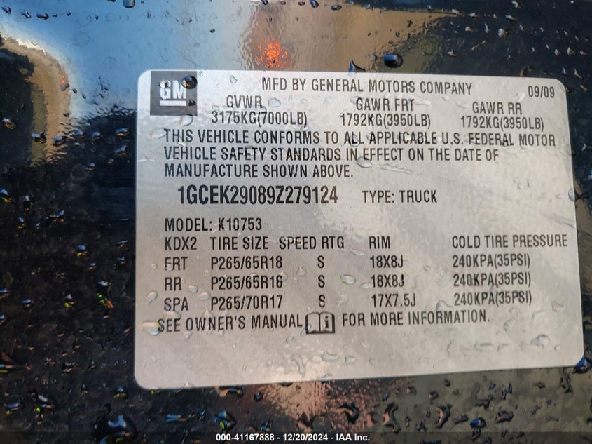 2009 CHEVROLET SILVERADO 1500 VIN: 1GCEK29089Z279124