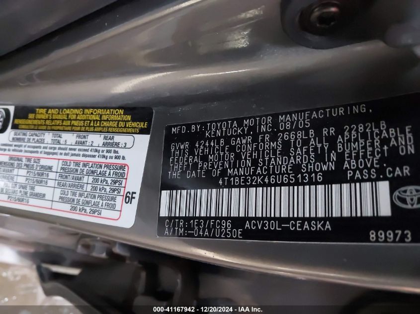 2006 TOYOTA CAMRY VIN: 4T1BE32K46U651316