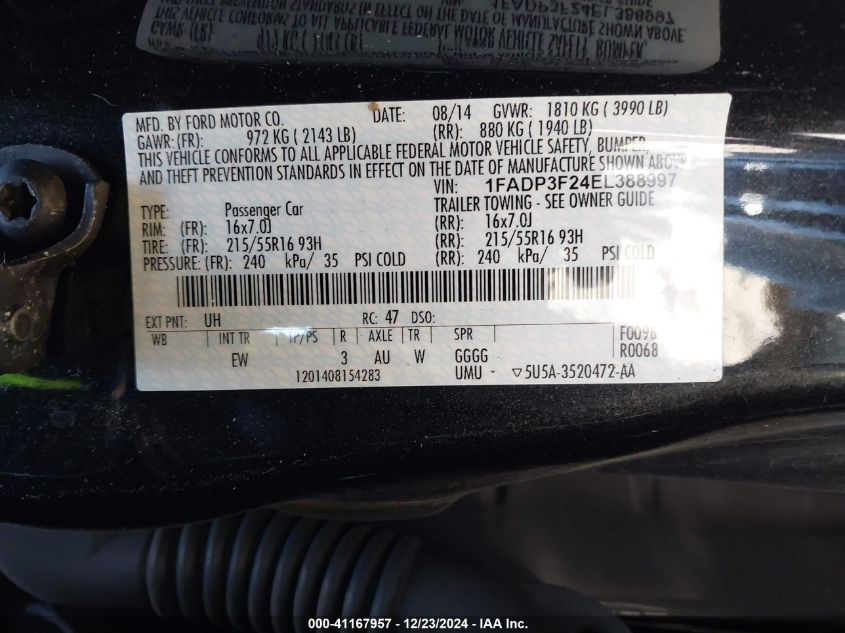 VIN 1FADP3F24EL388997 2014 Ford Focus, SE no.9