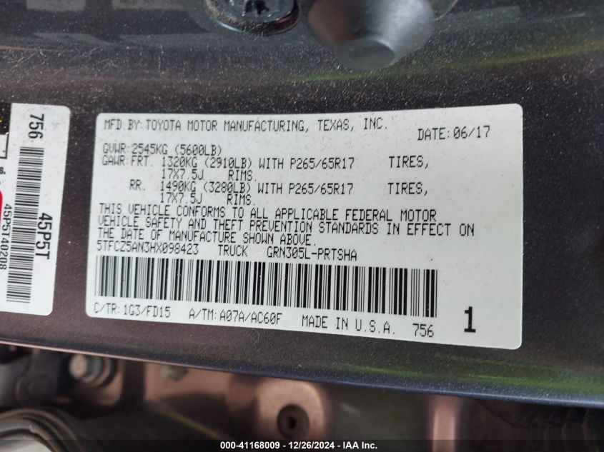 2017 Toyota Tacoma Trd Sport VIN: 5TFCZ5AN3HX098423 Lot: 41168009