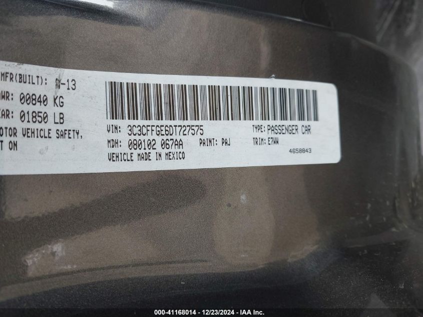 2013 Fiat 500E Battery Electric VIN: 3C3CFFGE6DT727575 Lot: 41168014