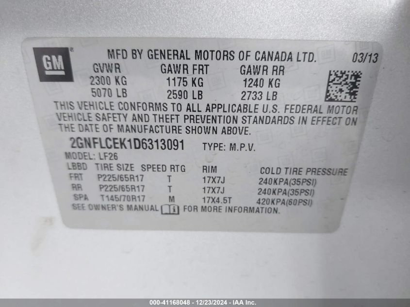 VIN 2GNFLCEK1D6313091 2013 CHEVROLET EQUINOX no.9