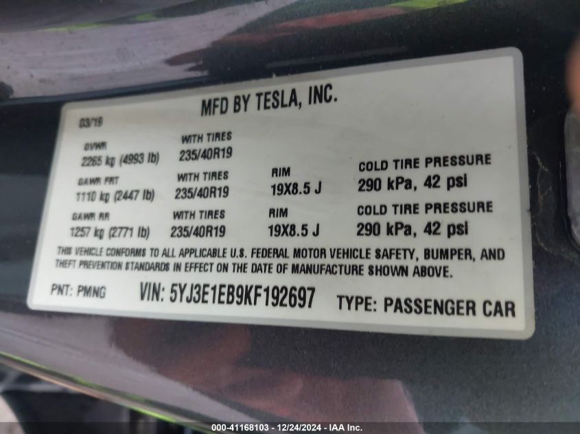 VIN 5YJ3E1EB9KF192697 2019 TESLA MODEL 3 no.9