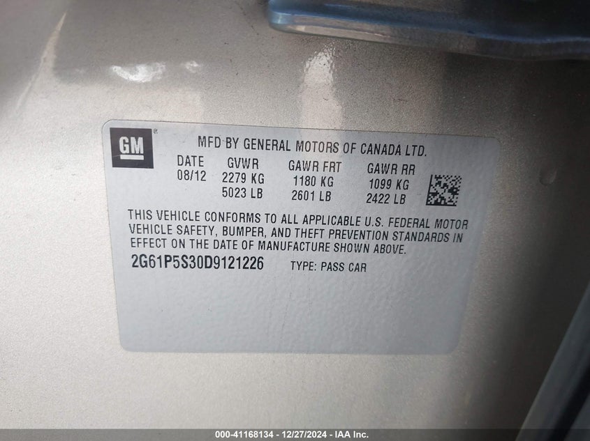 2013 CADILLAC XTS VIN: 2G61P5S30D9121226