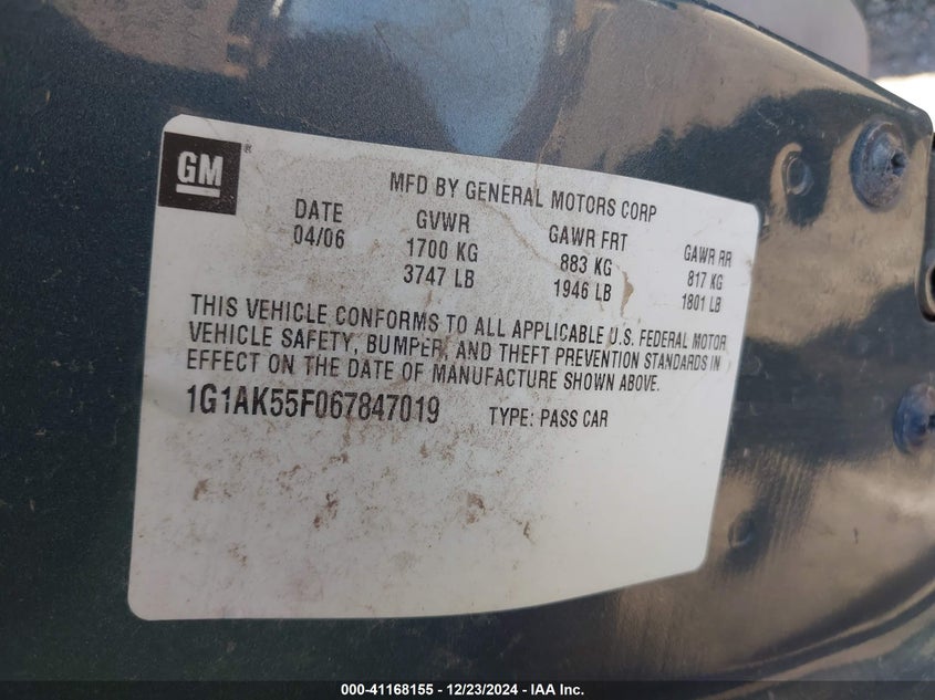 2006 CHEVROLET COBALT VIN: 1G1AK55F267828827