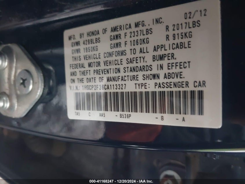 2012 HONDA ACCORD VIN: 1HGCP2F36CA113327