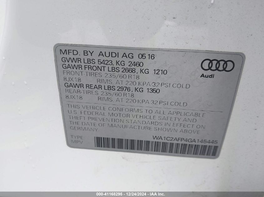 VIN WA1C2AFP4GA145445 2016 AUDI Q5 no.9