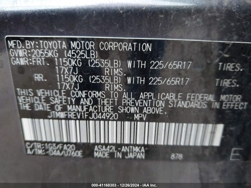 VIN JTMWFREV1FJ044920 2015 TOYOTA RAV4 no.9