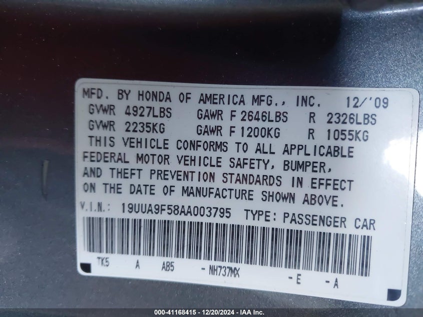 2010 ACURA TL VIN: 19UUA9F58AA003795