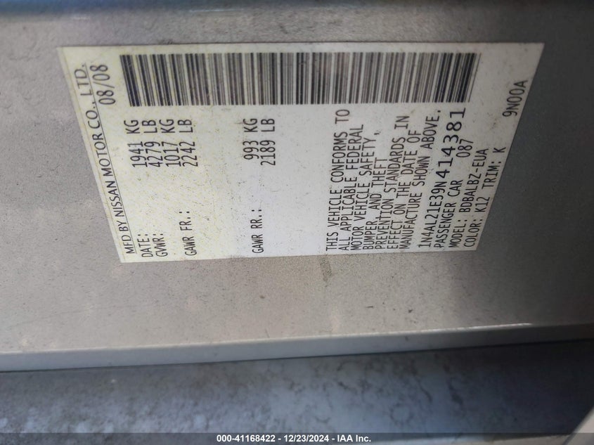 2009 NISSAN ALTIMA VIN: 1N4AL21E39N414381