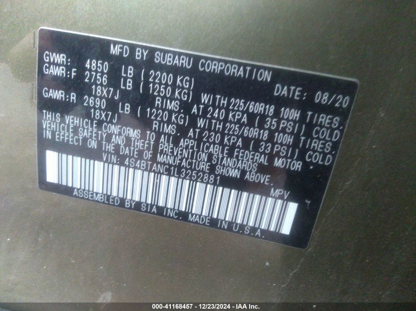 2020 SUBARU OUTBACK LIMITED - 4S4BTANC1L3252881