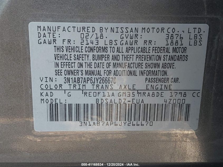 VIN 3N1AB7AP6JY266670 2018 Nissan Sentra, SV no.9