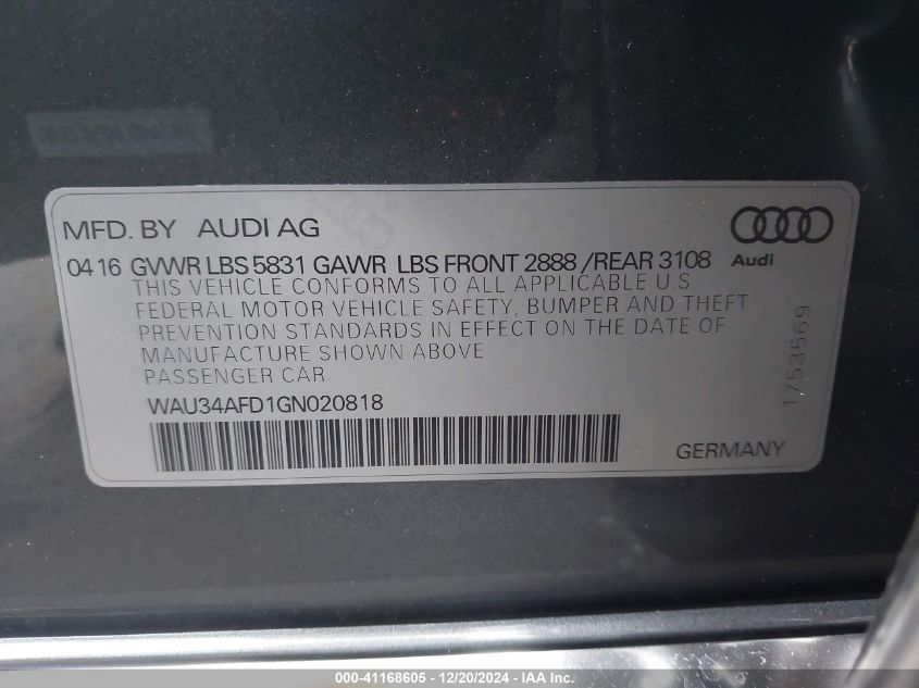 VIN WAU34AFD1GN020818 2016 Audi A8, L 3.0T no.9