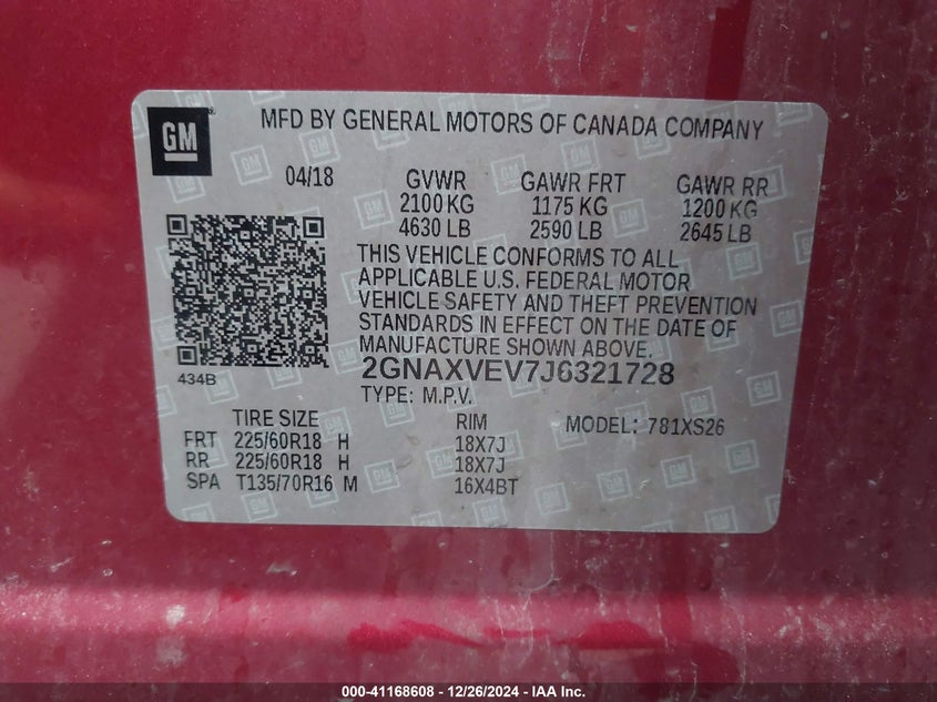 2018 CHEVROLET EQUINOX VIN: 2GNAXVEV7J6321728
