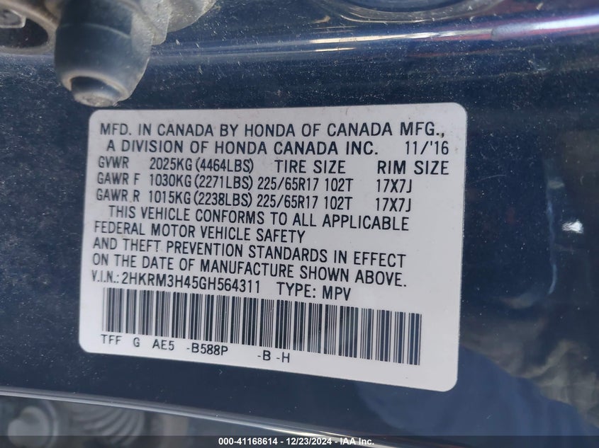 2016 HONDA CR-V VIN: 2HKRM3H45GH564311