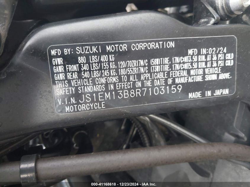 2024 Suzuki Gsx800 F VIN: JS1EM13B8R7103159 Lot: 41168618