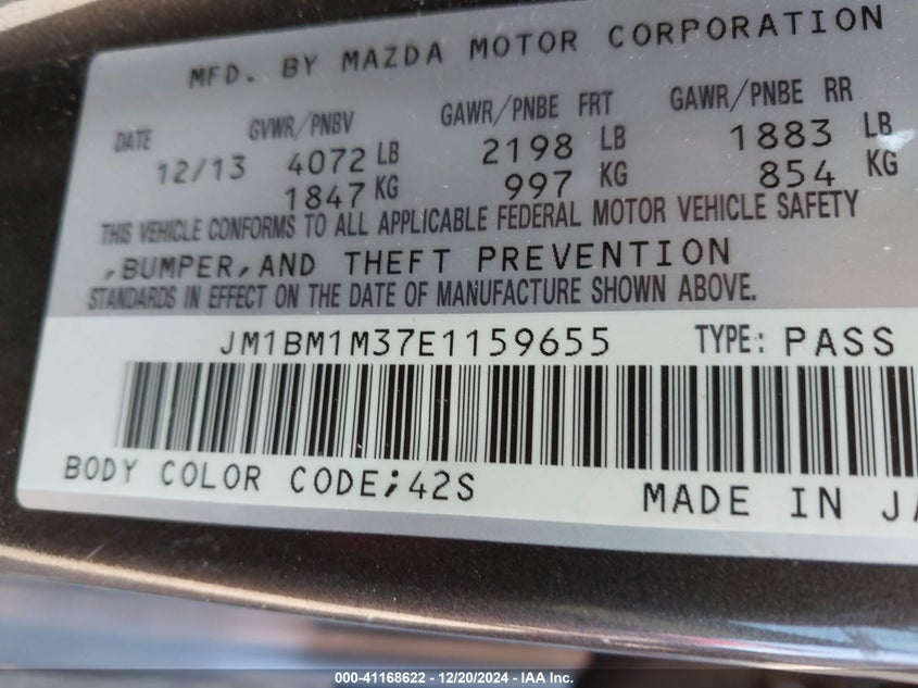 2014 MAZDA MAZDA3 VIN: JM1BM1M37E1159655